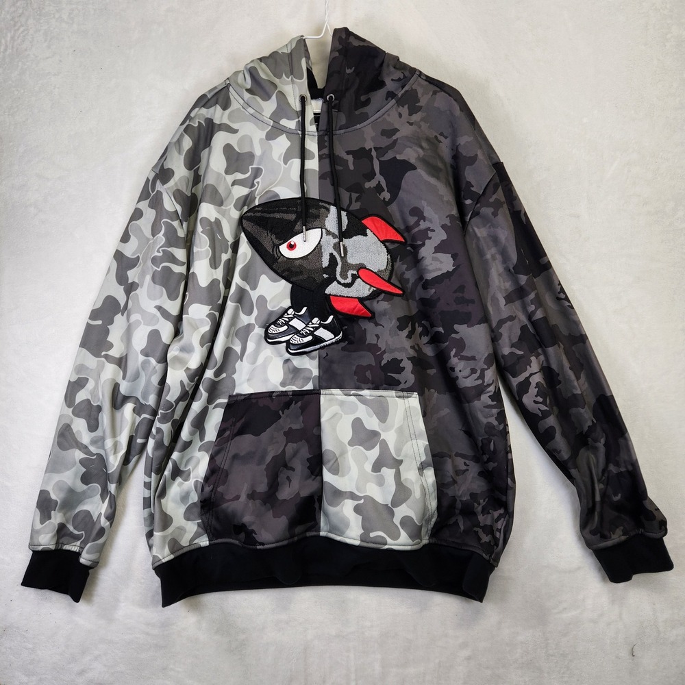 Reason Mens 2XL Camoβ Split Hoodie Grey Charcoal Rocket Chenille Patch Pullover